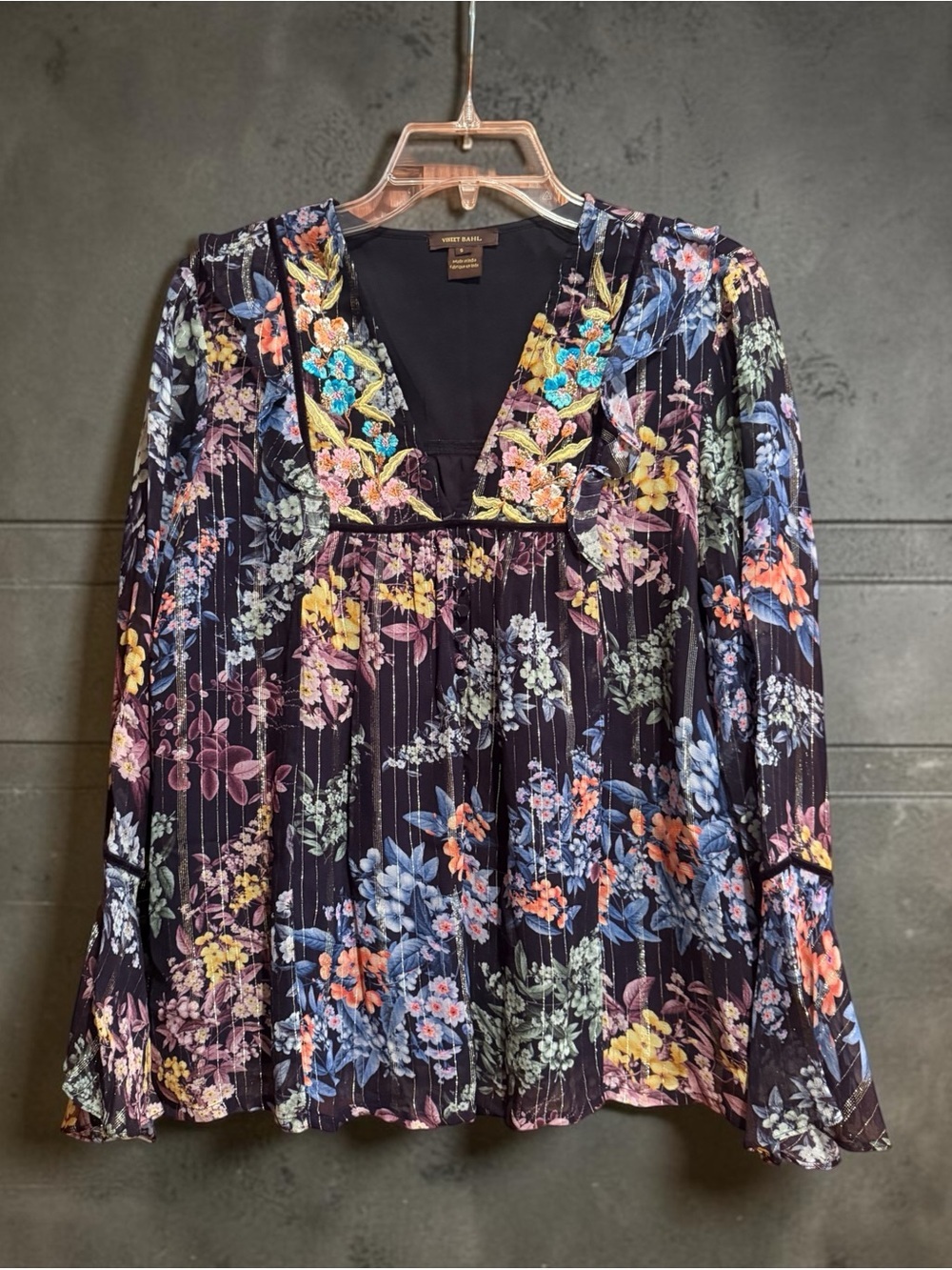 Anthropologie Vineet Bahl Women’s Small Floral Embroidered Metallic Boho Blouse